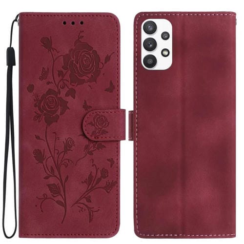 Funda de cuero con estampado de rosas en relieve para Samsung Galaxy A72 (roja)