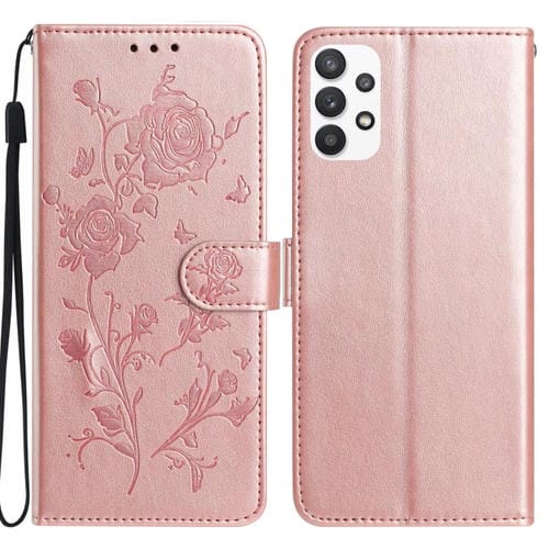 Funda de cuero con estampado floral en relieve para Samsung Galaxy A73 (oro rosa)