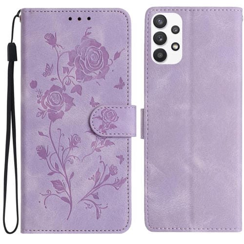 Funda de cuero con estampado de rosas en relieve para Samsung Galaxy A73 (morado claro)