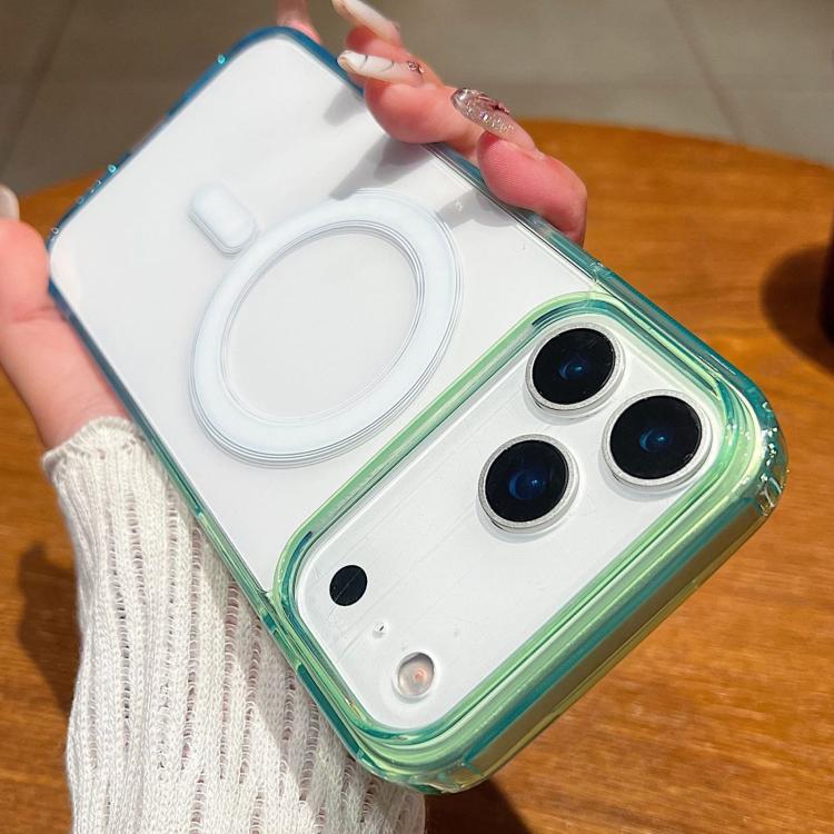 Funda MagSafe transparente con degradado de color en contraste para iPhone 17 Pro (verde y azul)