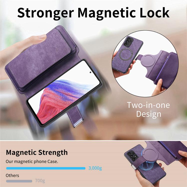 Funda Neo MagSafe RFID antirrobo con cremallera para Samsung Galaxy A06, de cuero estilo retro (morado)