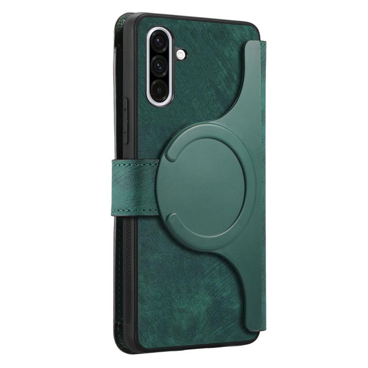 Funda Neo MagSafe RFID antirrobo con cremallera para Samsung Galaxy A56 5G, de cuero estilo retro (verde)