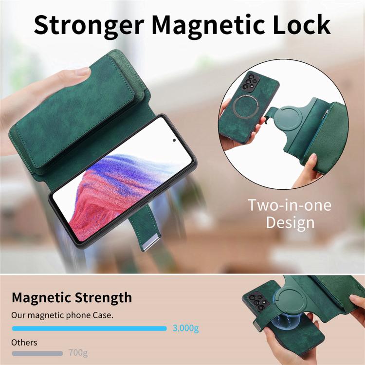 Funda Neo MagSafe RFID antirrobo con cremallera para Samsung Galaxy A56 5G, de cuero estilo retro (verde)