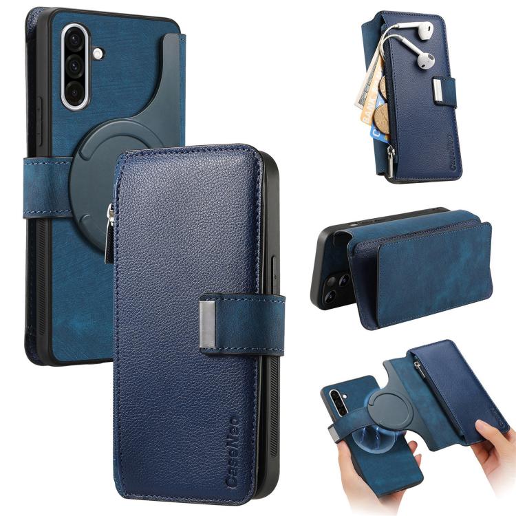 Funda Neo MagSafe RFID antirrobo con cremallera para Samsung Galaxy A36 5G, de cuero estilo retro (azul)