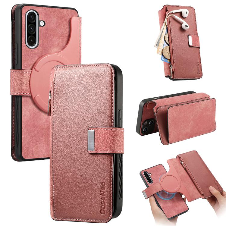 Funda Neo MagSafe RFID antirrobo con cremallera para Samsung Galaxy A36 5G, de cuero estilo retro (rosa)