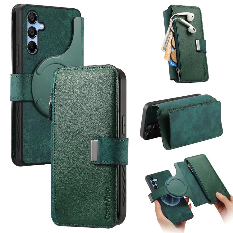 Funda Neo MagSafe RFID antirrobo con cremallera para Samsung Galaxy A16, de cuero estilo retro (verde)