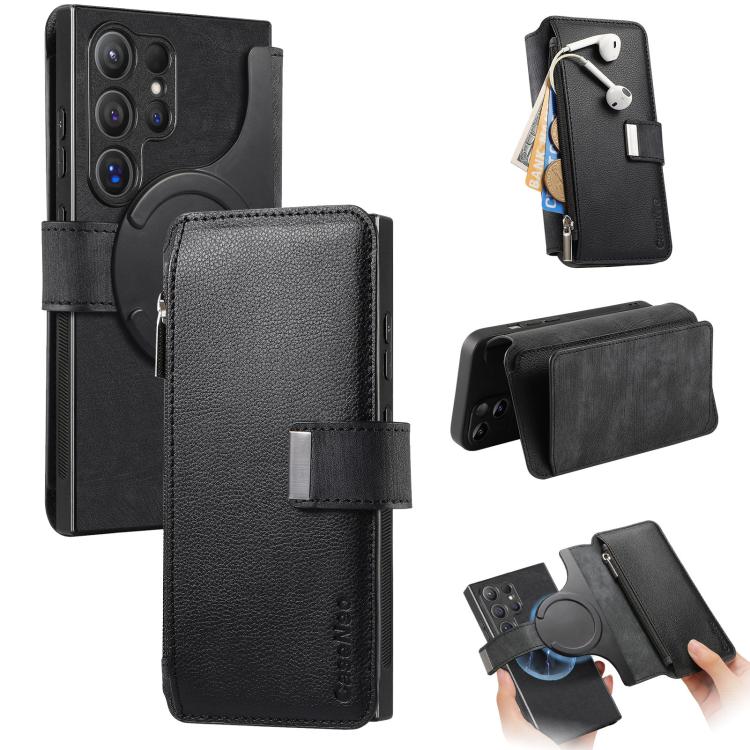 Funda Neo MagSafe RFID antirrobo con cremallera para Samsung Galaxy S25 Ultra 5G, de cuero estilo retro (negra)