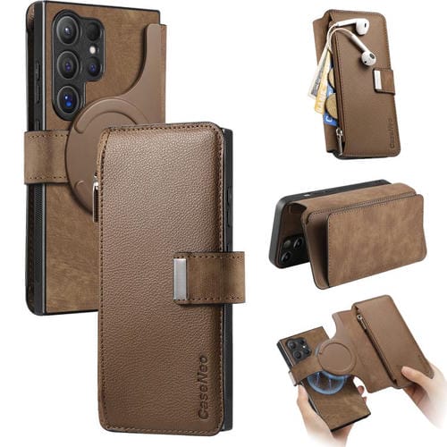 Funda Neo MagSafe RFID antirrobo con cremallera para Samsung Galaxy S25 Ultra 5G, estilo billetera de cuero retro (marrón)