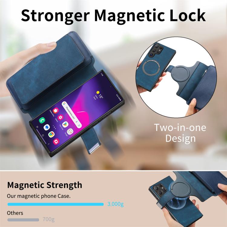 Funda Neo MagSafe RFID antirrobo con cremallera para Samsung Galaxy S25 Ultra 5G, de cuero estilo retro (azul)