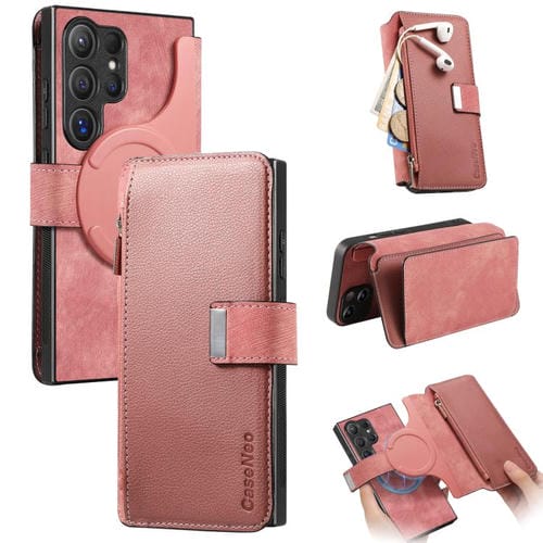 Funda Neo MagSafe RFID antirrobo con cremallera para Samsung Galaxy S25 Ultra 5G, estilo retro, de cuero (rosa)