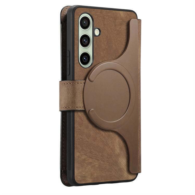 Funda Neo MagSafe RFID antirrobo con cremallera para Samsung Galaxy S24 FE 5G, estilo billetera de cuero retro (marrón)