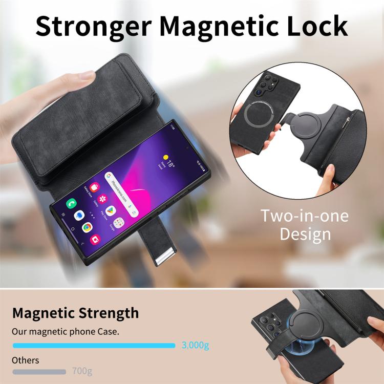 Funda Neo MagSafe RFID antirrobo con cremallera para Samsung Galaxy S24 Ultra 5G, de cuero estilo retro (negra)