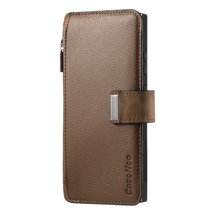 Funda Neo MagSafe RFID antirrobo con cremallera para Samsung Galaxy S24 Ultra 5G, estilo billetera de cuero retro (marrón)