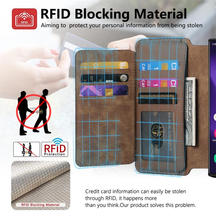 Funda Neo MagSafe RFID antirrobo con cremallera para Samsung Galaxy S24 Ultra 5G, estilo billetera de cuero retro (marrón)