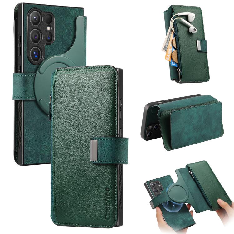 Funda Neo MagSafe RFID antirrobo con cremallera para Samsung Galaxy S24 Ultra 5G, de cuero estilo retro (verde)