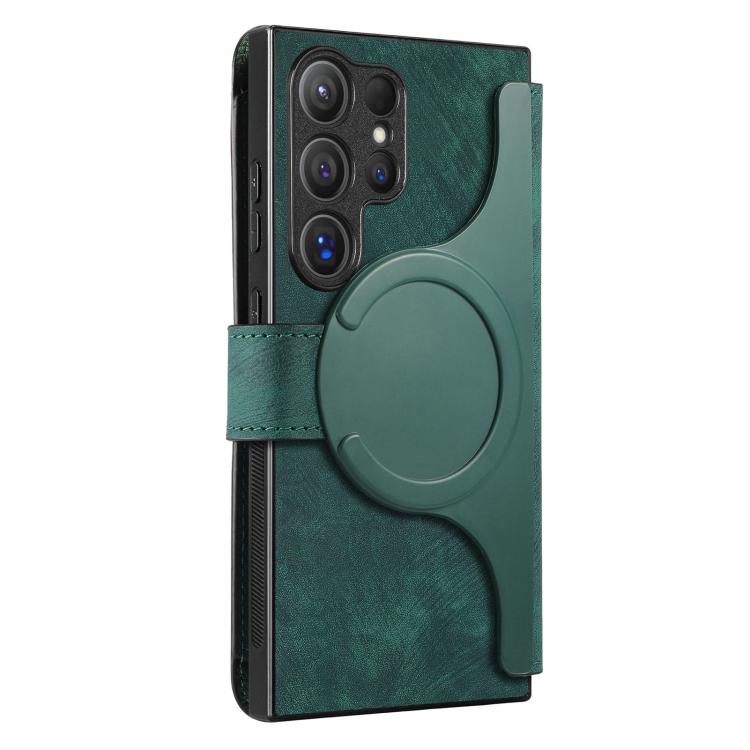 Funda Neo MagSafe RFID antirrobo con cremallera para Samsung Galaxy S24 Ultra 5G, de cuero estilo retro (verde)