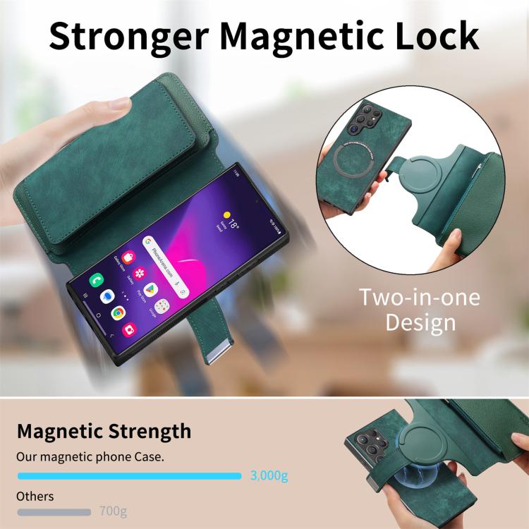 Funda Neo MagSafe RFID antirrobo con cremallera para Samsung Galaxy S24 Ultra 5G, de cuero estilo retro (verde)
