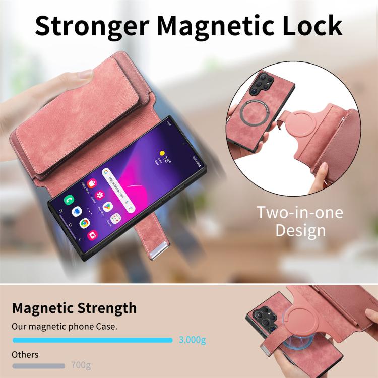 Funda Neo MagSafe RFID antirrobo con cremallera para Samsung Galaxy S24 Ultra 5G, estilo retro, de cuero (rosa)