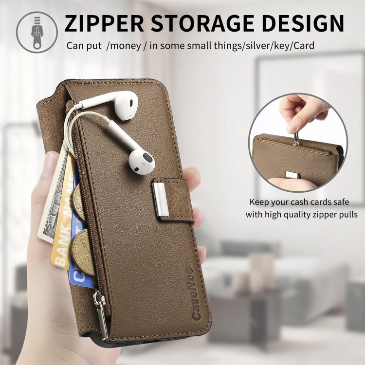 Funda Neo MagSafe RFID antirrobo con cremallera para Samsung Galaxy S23 5G, estilo billetera de cuero retro (marrón)