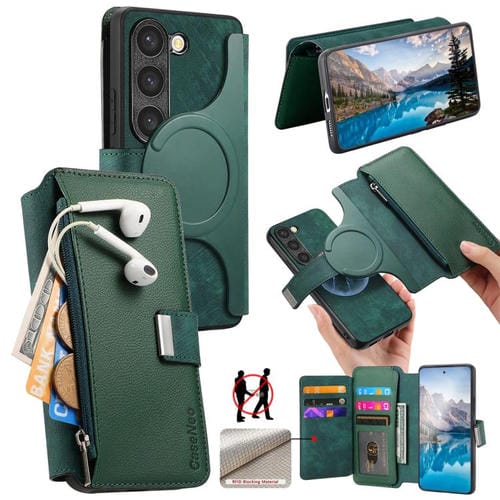 Funda Neo MagSafe RFID antirrobo con cremallera para Samsung Galaxy S23 5G, de cuero estilo retro (verde)