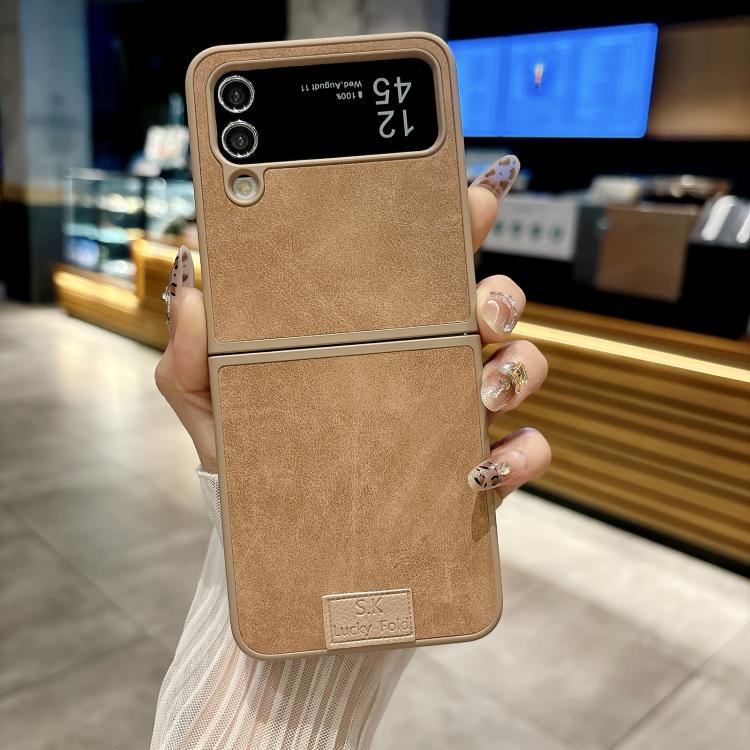 Funda de piel de cordero y corcho para Samsung Galaxy Z Flip4 5G, color marrón (borde marrón)