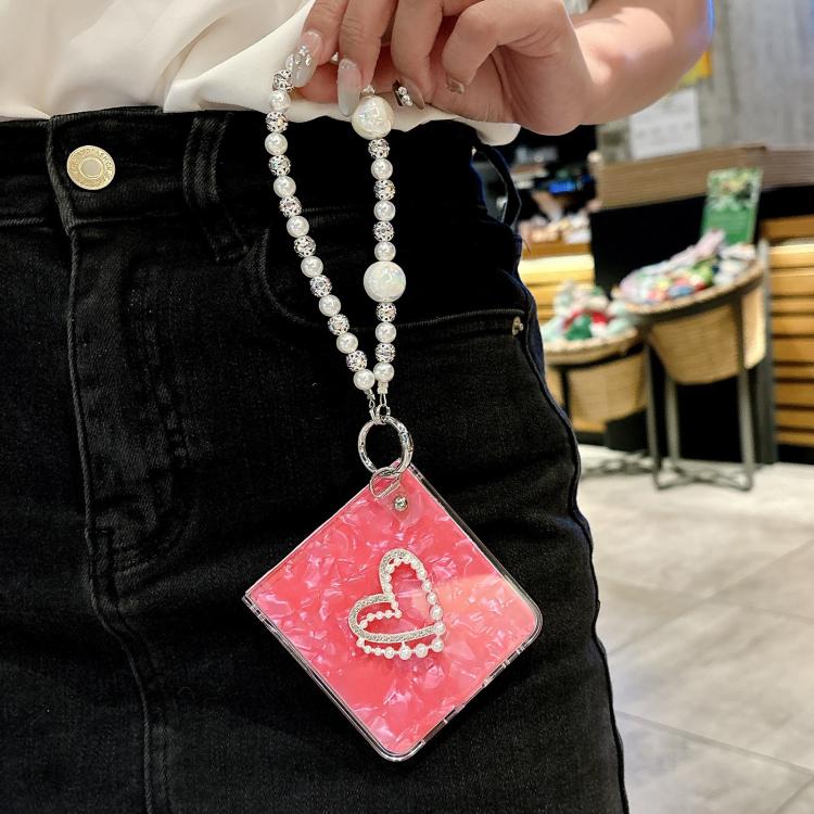 Funda para Samsung Galaxy Z Flip7 5G con textura perlada y patrón de corazón, con pulsera (rosa y verde)