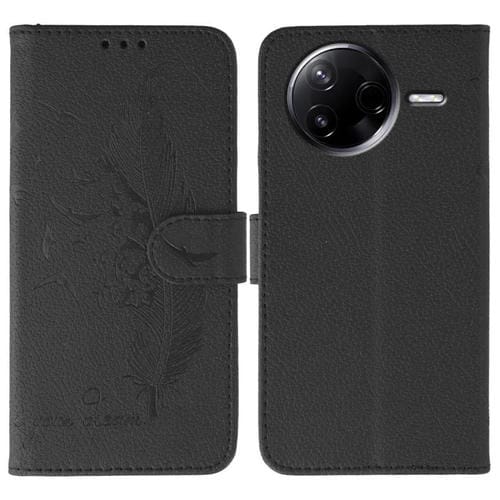 Funda de cuero con textura de lichi y estampado de plumas para Xiaomi Poco F7 Pro y Redmi K80 (negra)