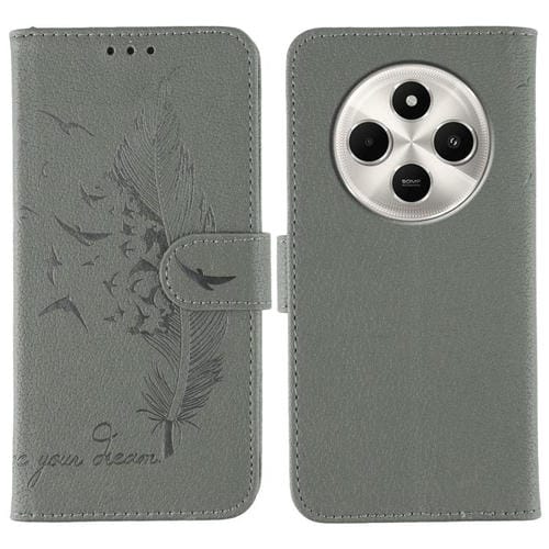 Funda de cuero con textura de lichi y estampado de plumas para Xiaomi Poco C75 4G (gris)