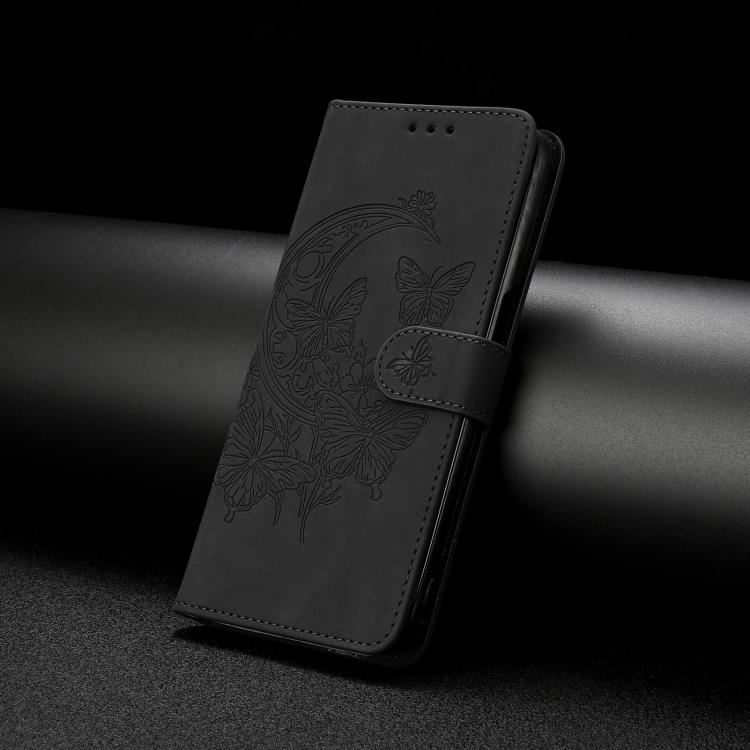 Funda de cuero con relieve y diseño de mariposas para Samsung Galaxy A07 5G (negra)