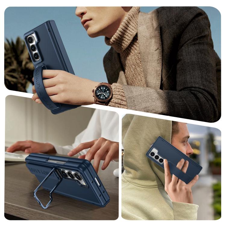 Funda para teléfono con soporte para lente integrada y correa para Samsung Galaxy Z Fold5 (azul oscuro)