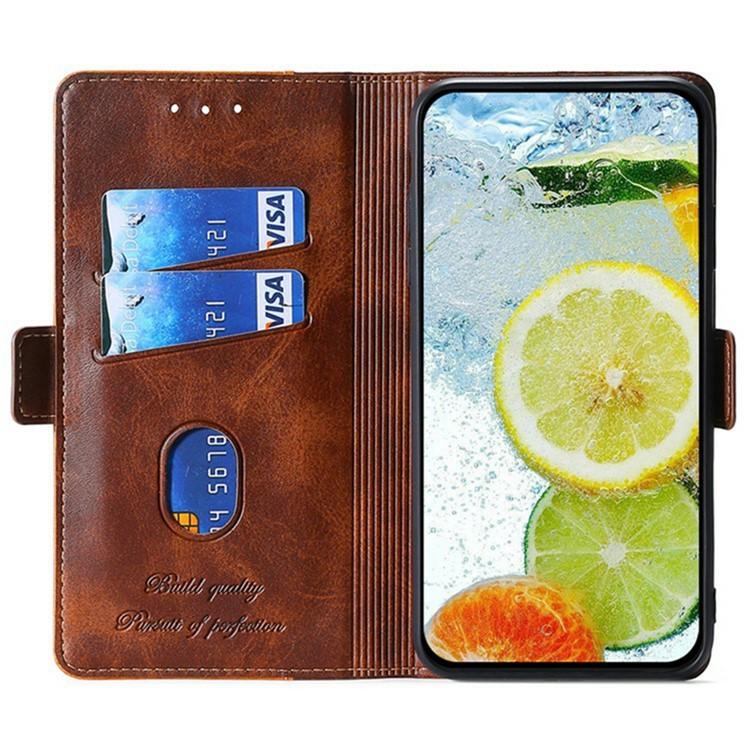 Funda de cuero con hebilla lateral en color de contraste para Samsung Galaxy S25+ 5G (marrón oscuro y dorado)