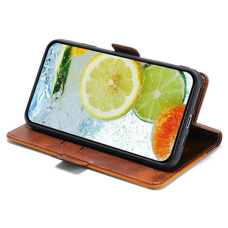 Funda de cuero con hebilla lateral en color de contraste para Samsung Galaxy S25+ 5G (marrón oscuro y dorado)