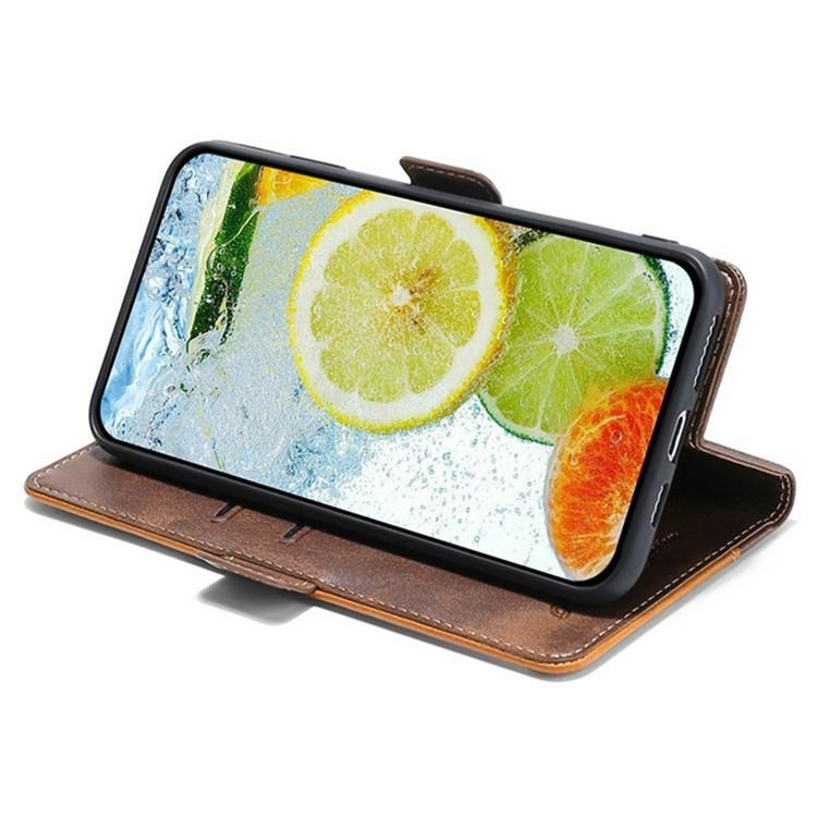 Funda de cuero con hebilla lateral en color de contraste para Samsung Galaxy S25+ 5G (marrón claro y verde)
