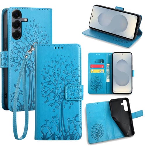 Funda de piel con relieve de árbol y ciervo para Samsung Galaxy S25 5G (azul)