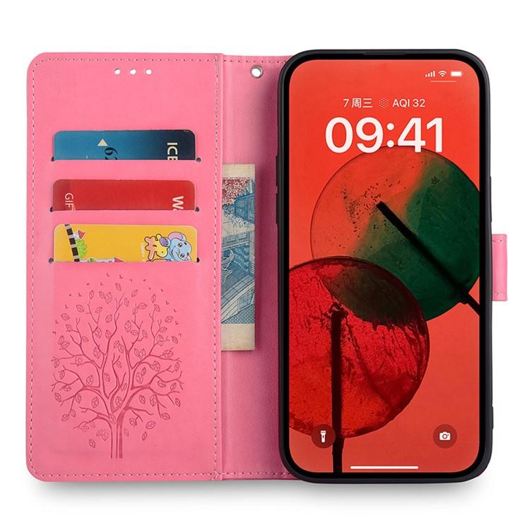 Funda de piel con relieve de árbol y ciervo para Samsung Galaxy S25 5G (rosa)