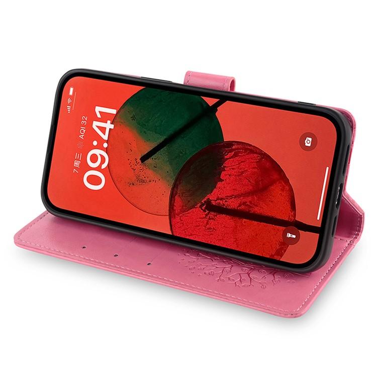 Funda de piel con relieve de árbol y ciervo para Samsung Galaxy S25 5G (rosa)