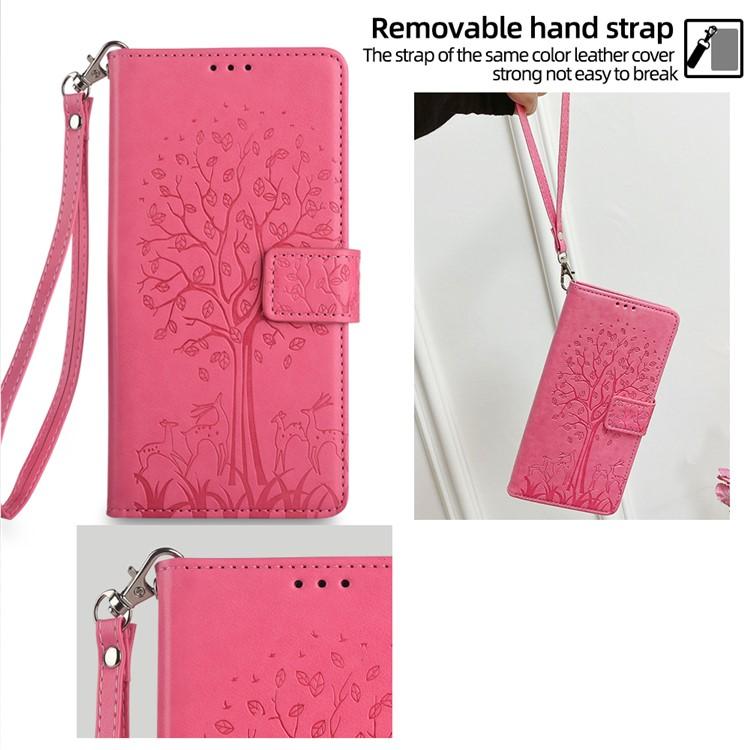 Funda de piel con relieve de árbol y ciervo para Samsung Galaxy S25 5G (rosa)