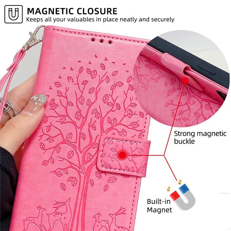 Funda de piel con relieve de árbol y ciervo para Samsung Galaxy S25 5G (rosa)