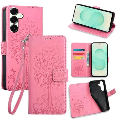 Funda de piel con relieve de árbol y ciervo para Samsung Galaxy S25+ 5G (rosa)