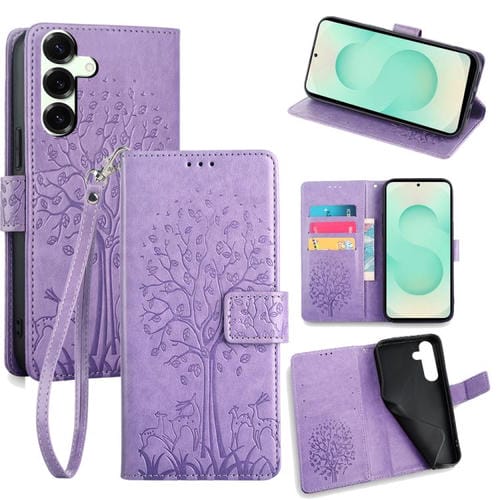 Funda de piel con relieve de árbol y ciervo para Samsung Galaxy S25+ 5G (morada)