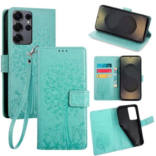 Funda de piel con relieve de árbol y ciervo para Samsung Galaxy S25 Ultra 5G (verde)