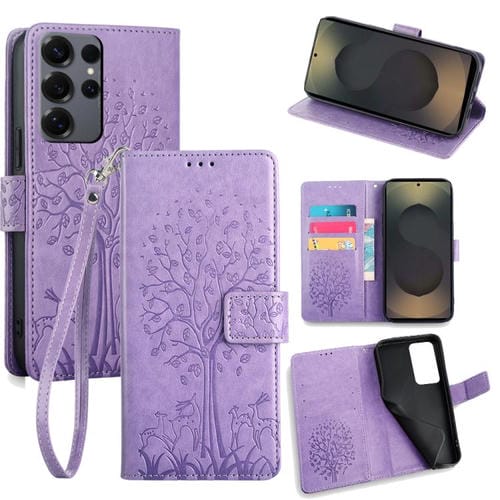 Funda de piel con relieve de árbol y ciervo para Samsung Galaxy S25 Ultra 5G (morada)