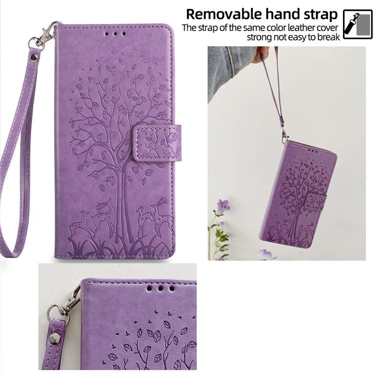 Funda de piel con relieve de árbol y ciervo para Samsung Galaxy S25 Ultra 5G (morada)