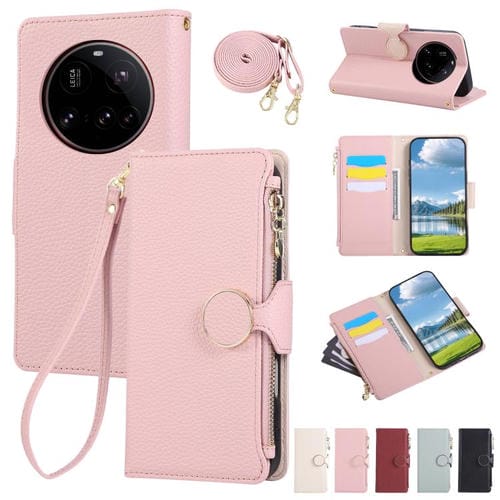 Funda de cuero con hebilla redonda y cremallera para Xiaomi 15 Ultra, con correa cruzada (rosa)