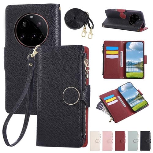Funda de cuero con hebilla redonda y cremallera para Xiaomi 15 Ultra, con correa cruzada (negra)