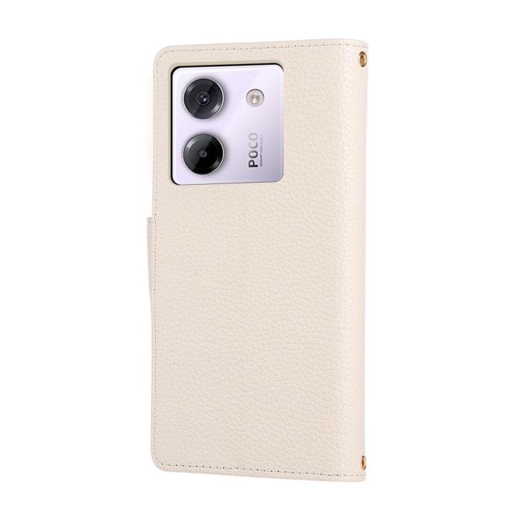 Funda de cuero con hebilla redonda y cremallera para Xiaomi Poco M7 Pro 5G, con correa cruzada (blanca)