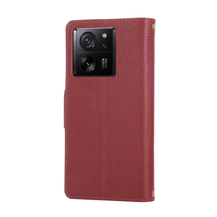 Funda de cuero tipo billetera con hebilla redonda y cremallera para Xiaomi 13T/13T Pro, con correa cruzada (roja)