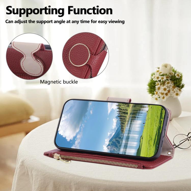 Funda de cuero tipo billetera con cremallera y hebilla redonda de 163,3 mm para Redmi Note 14 4G con correa cruzada (roja)