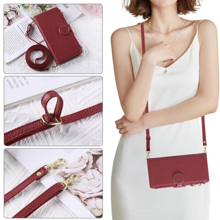 Funda de cuero tipo billetera con cremallera y hebilla redonda de 163,3 mm para Redmi Note 14 4G con correa cruzada (roja)