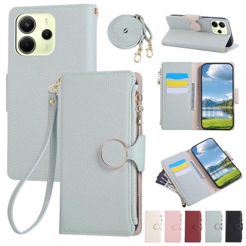 Funda de cuero tipo billetera con hebilla redonda y cremallera de 164,8 mm para Redmi Note 14 4G con correa cruzada (azul cielo)